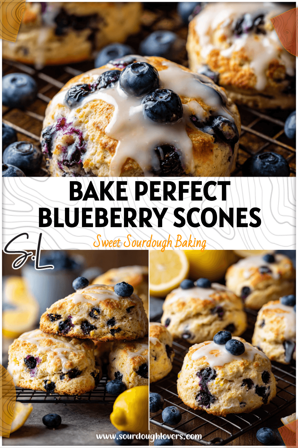 Fresh Lemon Blueberry Scones with sourdough glaze cooling on a rack topped with blueberries